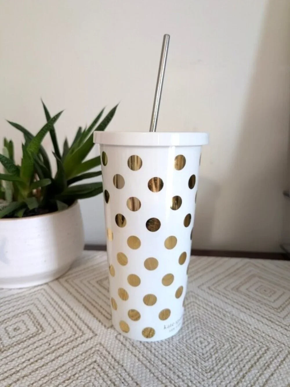 kate spade White & Gold Dot Travel Tumbler with Straw BPA free 20oz